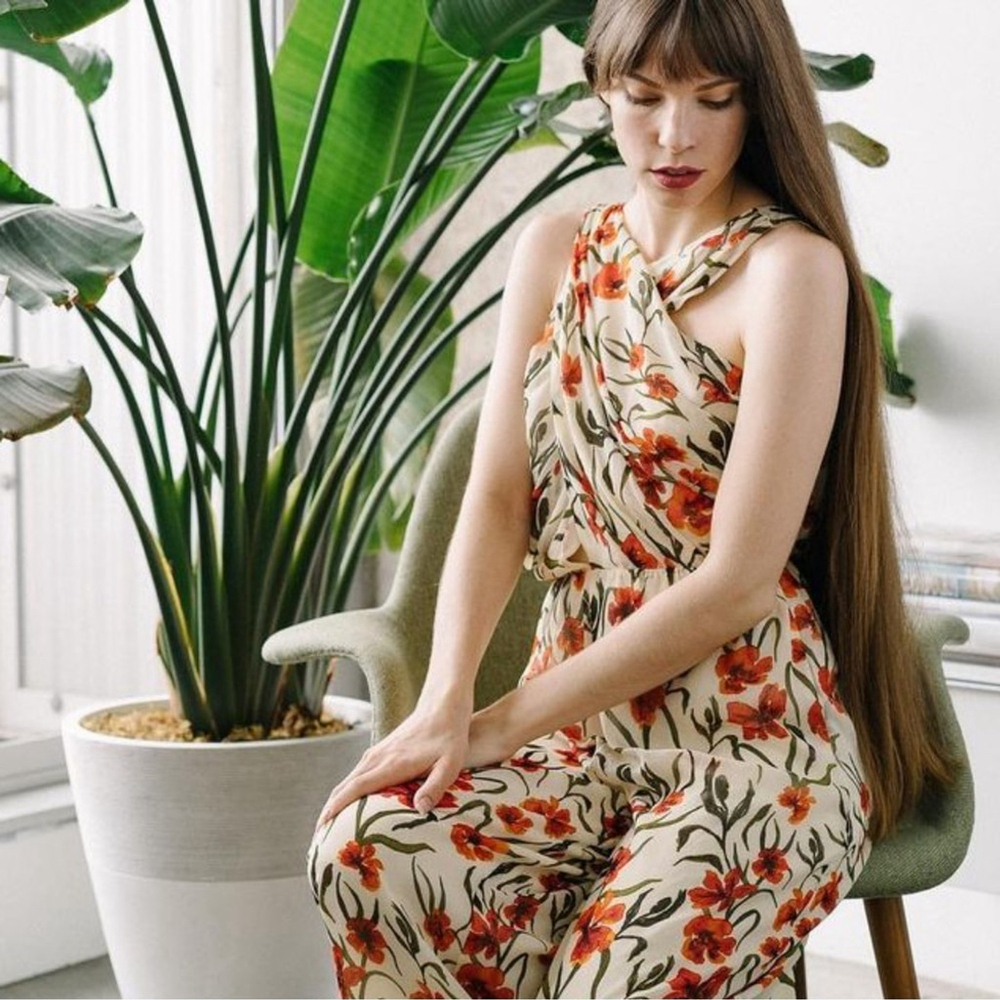 Aritzia LittleMoon Floral Jumpsuit Sleeveless Cross Front Open Back Wide-Leg Sz2
